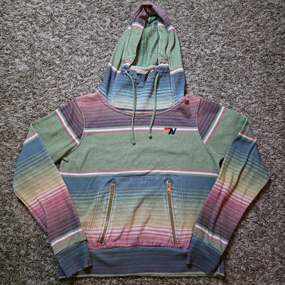 Aviator Nation Hoodie Adult Women XS NINJA Green Serape Rainbow Stripe Cowl Neck